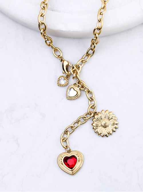 Naszyjnik krawatka, serca, kwiatek, stal pozłacana S312283Z00