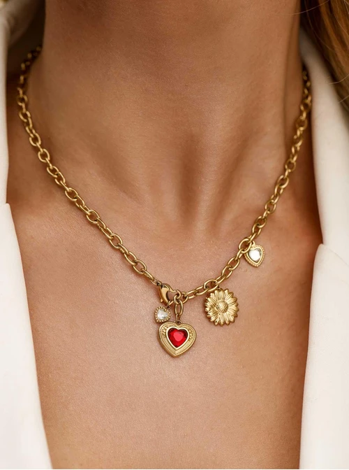 Naszyjnik krawatka, serca, kwiatek, stal pozłacana S312283Z00