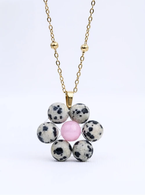 Naszyjnik kwiat, Jaspis Dalmatyńczyk, stal pozłacana S312474Z00