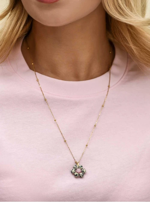 Naszyjnik kwiat, Jaspis Dalmatyńczyk, stal pozłacana S312474Z00