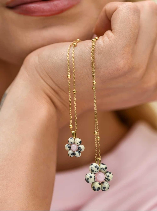 Naszyjnik kwiat, Jaspis Dalmatyńczyk, stal pozłacana S312474Z00