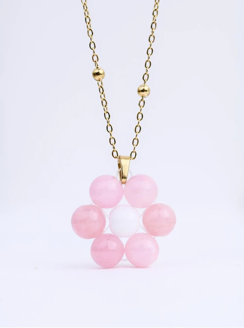 Naszyjnik kwiat, Kwarc Różowy, stal pozłacana S312472Z00