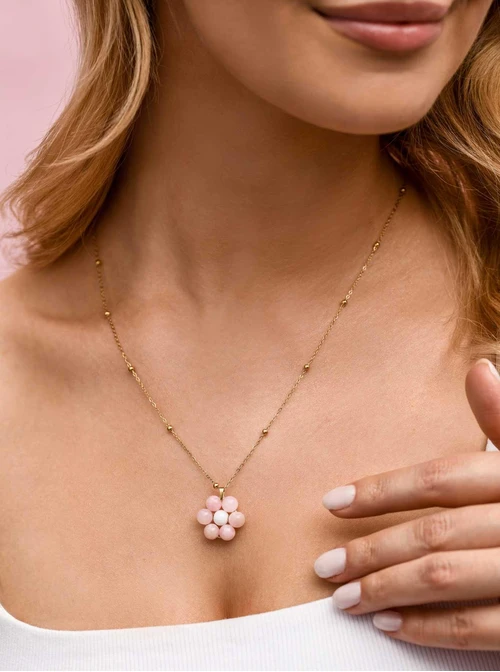 Naszyjnik kwiat, Kwarc Różowy, stal pozłacana S312472Z00