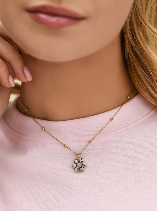 Naszyjnik kwiatuszek, Jaspis Dalmatyńczyk, stal pozłacana S312436Z00