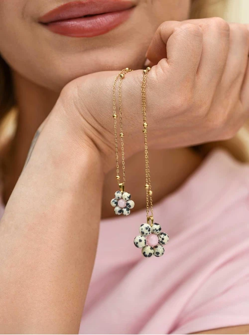 Naszyjnik kwiatuszek, Jaspis Dalmatyńczyk, stal pozłacana S312436Z00