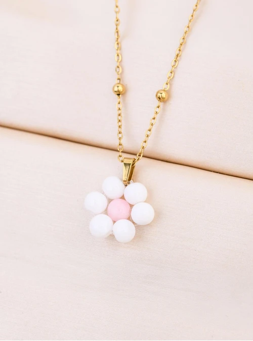 Naszyjnik kwiatuszek, Kwarc Biały, stal pozłacana S312435Z00