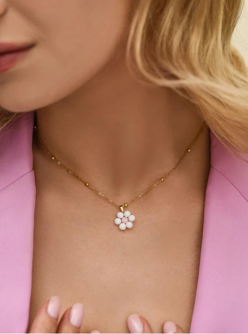 Naszyjnik kwiatuszek, Kwarc Biały, stal pozłacana S312435Z00