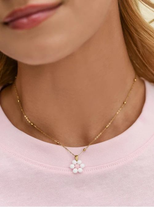 Naszyjnik kwiatuszek, Kwarc Biały, stal pozłacana S312435Z00