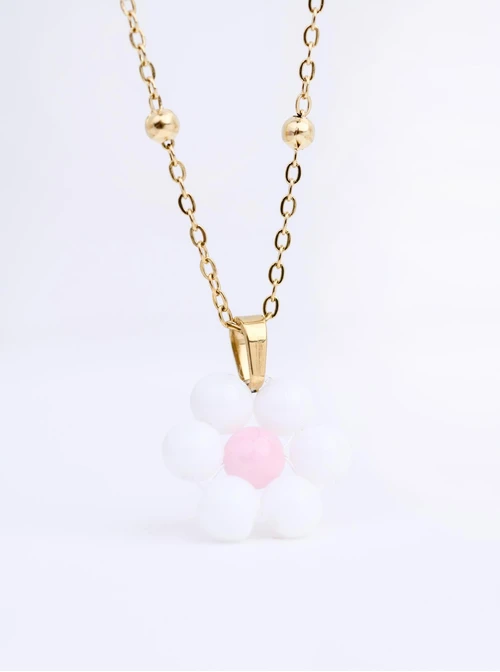 Naszyjnik kwiatuszek, Kwarc Biały, stal pozłacana S312435Z00