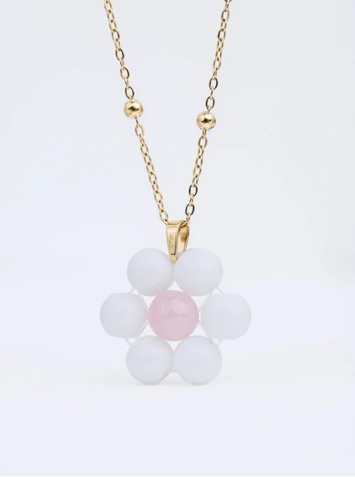 Naszyjnik kwiatuszek, Kwarc Biały, stal pozłacana S312473Z00