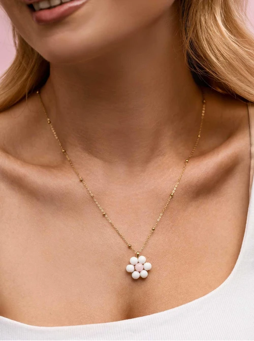 Naszyjnik kwiatuszek, Kwarc Biały, stal pozłacana S312473Z00