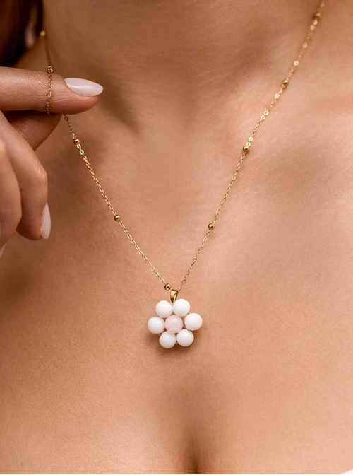 Naszyjnik kwiatuszek, Kwarc Biały, stal pozłacana S312473Z00