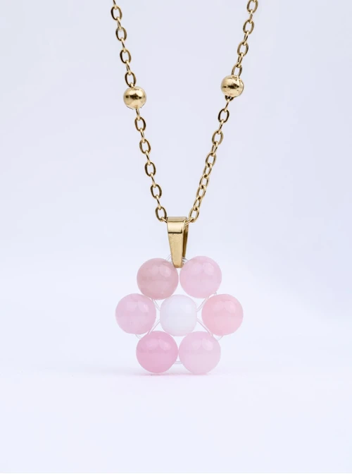 Naszyjnik kwiatuszek, Kwarc Różowy, stal pozłacana S312434Z00