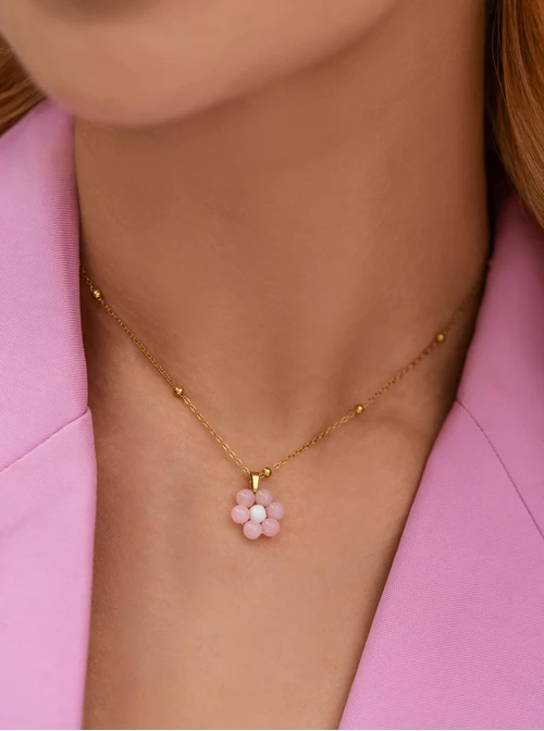 Naszyjnik kwiatuszek, Kwarc Różowy, stal pozłacana S312434Z00