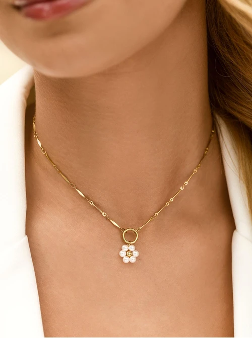 Naszyjnik kwiatuszek, perełki, stal pozłacana S312369Z00