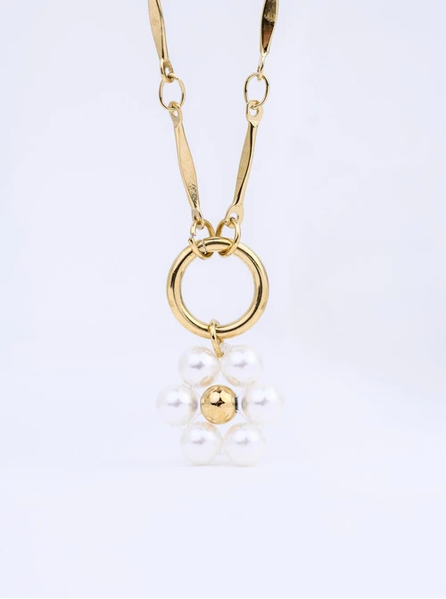 Naszyjnik kwiatuszek, perełki, stal pozłacana S312369Z00