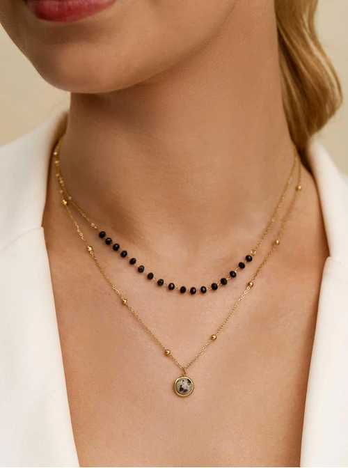 Naszyjnik podwójny, Jaspis Dalmatyńczyk, czarne kryształki S312678Z01