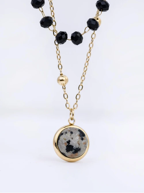 Naszyjnik podwójny, Jaspis Dalmatyńczyk, czarne kryształki S312678Z01