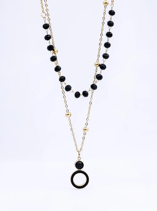 Naszyjnik podwójny kółeczko, czarne kryształki, stal pozłacana S312671Z01