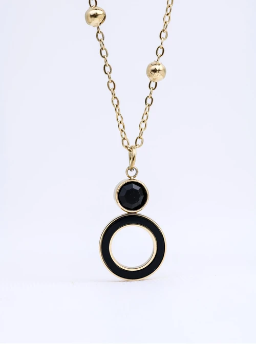 Naszyjnik podwójny kółeczko, czarne kryształki, stal pozłacana S312671Z01