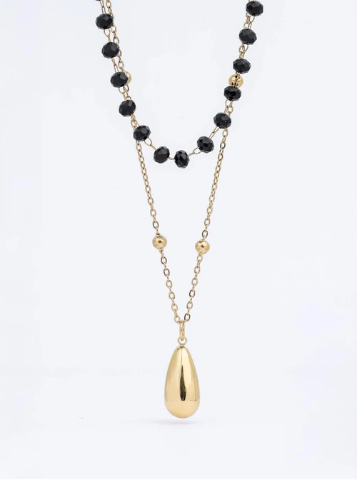 Naszyjnik podwójny, kropla, kryształki, stal pozłacana S312692Z01