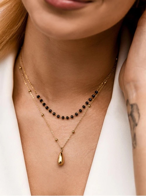 Naszyjnik podwójny, kropla, kryształki, stal pozłacana S312692Z01