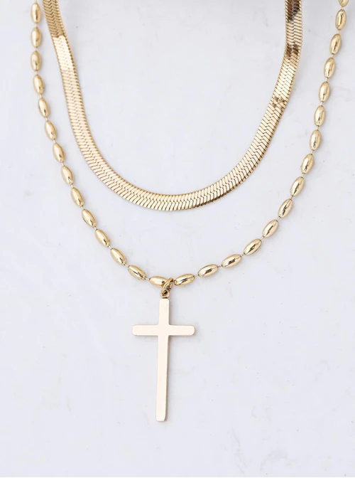 Naszyjnik podwójny, krzyż, stal pozłacana S312772Z00