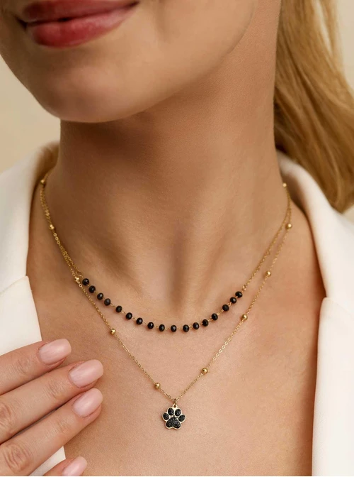 Naszyjnik podwójny łapka, czarne kryształki, stal pozłacana S312689Z01
