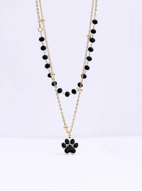 Naszyjnik podwójny łapka, czarne kryształki, stal pozłacana S312689Z01