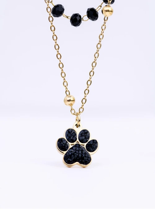 Naszyjnik podwójny łapka, czarne kryształki, stal pozłacana S312689Z01