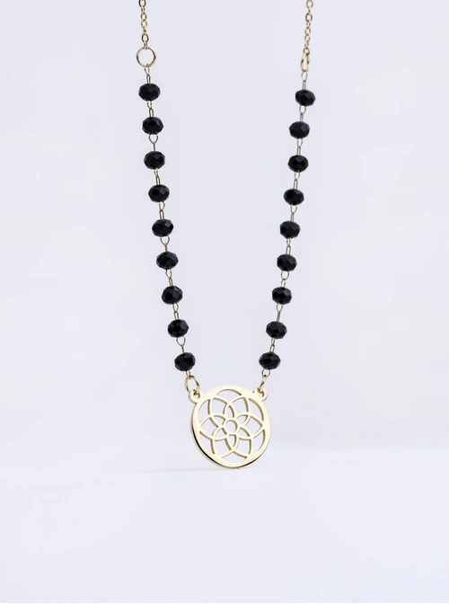 Naszyjnik rozeta, czarne kryształki, stal pozłacana S312714Z01