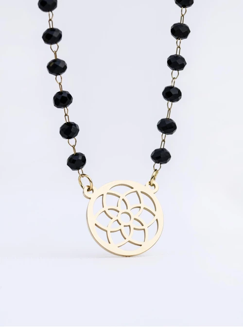 Naszyjnik rozeta, czarne kryształki, stal pozłacana S312714Z01