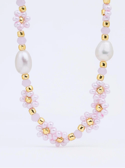 Naszyjnik różowe kwiatuszki, perełki, stal pozłacana S312490Z06