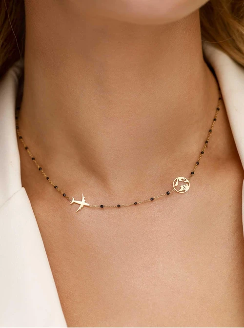 Naszyjnik samolot, mapa świata, stal pozłacana S312715Z00