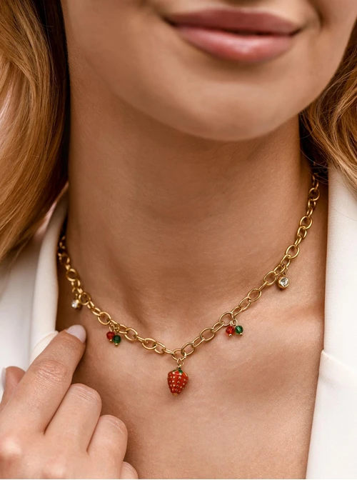 Naszyjnik truskawka, kryształki, stal pozłacana S312514Z03