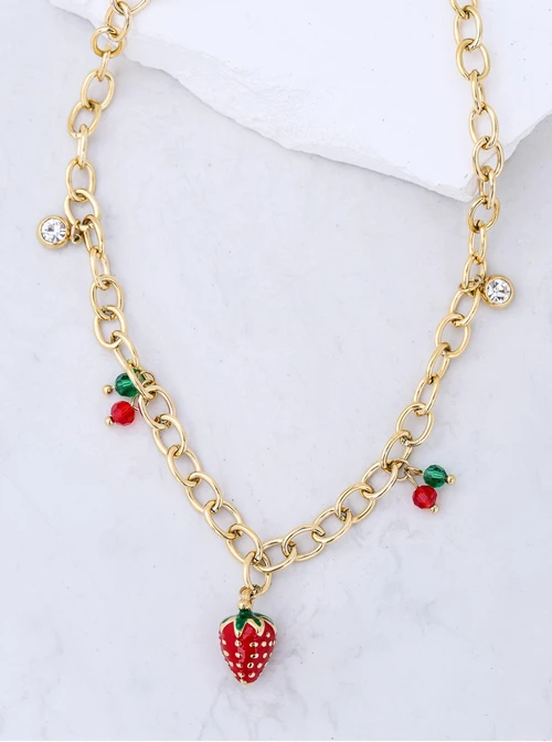 Naszyjnik truskawka, kryształki, stal pozłacana S312514Z03