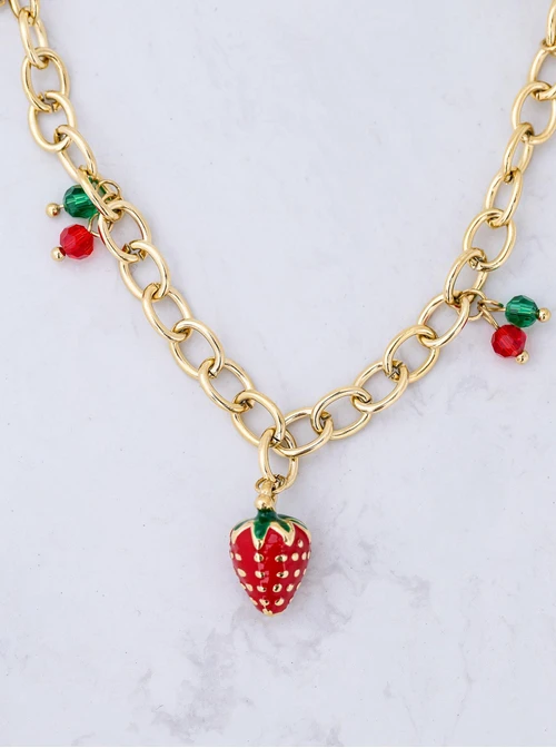 Naszyjnik truskawka, kryształki, stal pozłacana S312514Z03