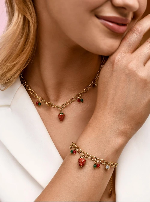 Naszyjnik truskawka, kryształki, stal pozłacana S312514Z03