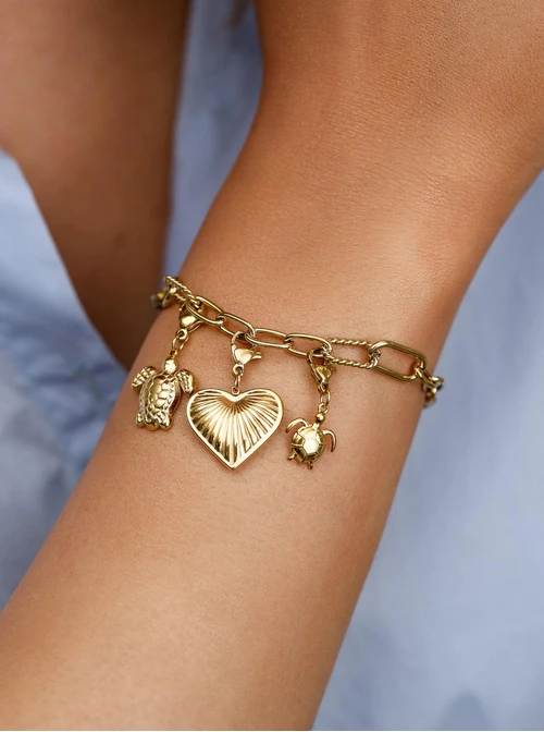 Zawieszka, charms, frezowane serce, stal pozłacana SC13334Z00