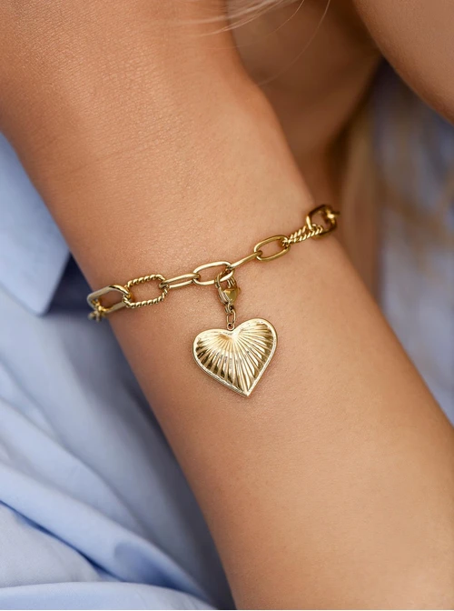 Zawieszka, charms, frezowane serce, stal pozłacana SC13334Z00