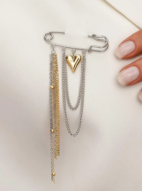 Broszka serduszko, łańcuszki, stal pozłacana S713147M00
