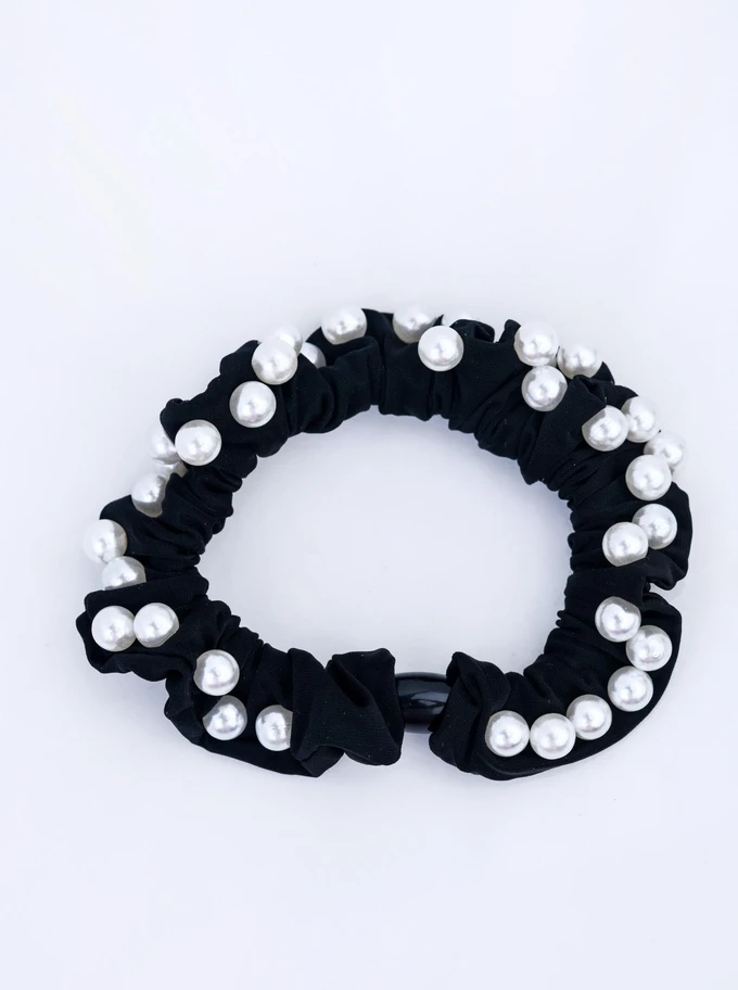 Gumka do włosów typu scrunchie - czarna z perłami, O614288P00