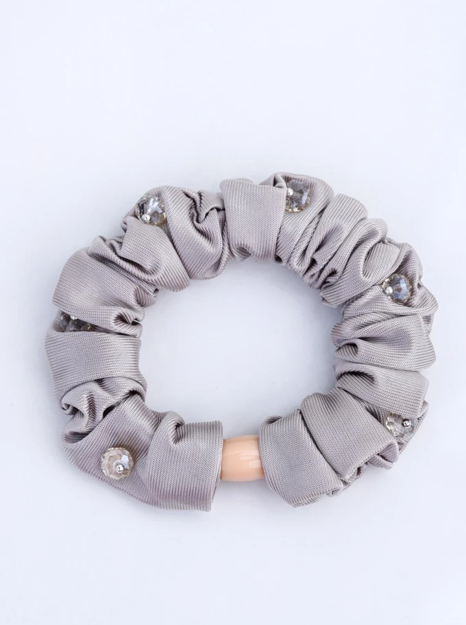 Gumka do włosów typu scrunchie - szampańsko-szara z kryształkami, O614302P00