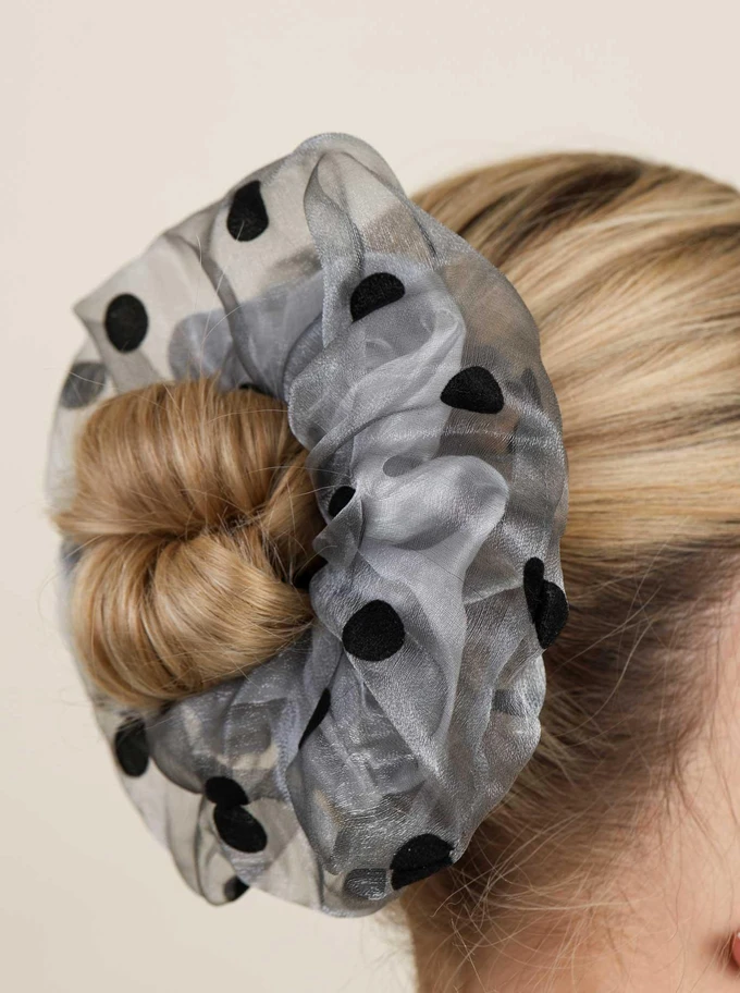 Gumka do włosów typu scrunchie - szara w czarne grochy, O614332P00