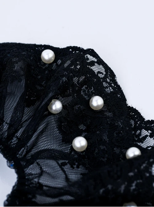 Gumka do włosów typu scrunchie - Czarna Koronka z Perełkami, O614334P00