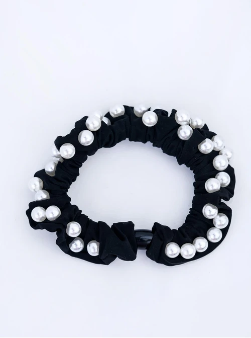 Gumka do włosów typu scrunchie - czarna z perłami, O614288P00