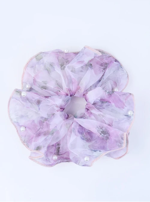 Gumka do włosów typu scrunchie - liliowa w kwiatowy wzór z perełkami, O614308P00