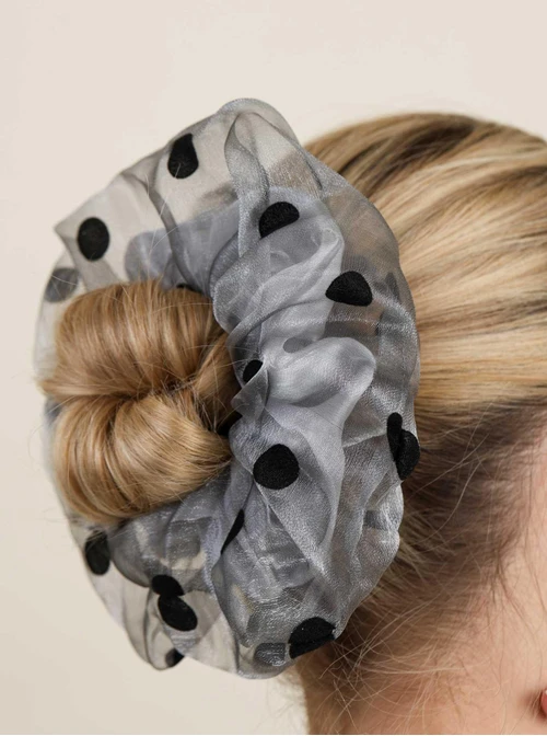 Gumka do włosów typu scrunchie - szara w czarne grochy, O614332P00