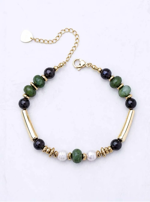 Bransoletka Jadeit, Granat, perły, stal pozłacana S113066Z00
