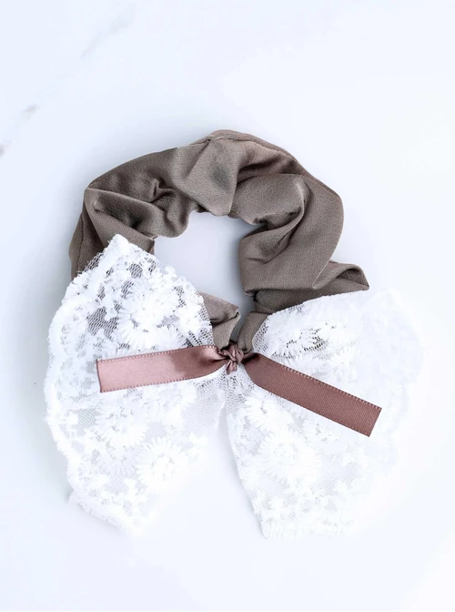 Gumka do włosów typu scrunchie, kokarda, koronka, beżowy O614384P00